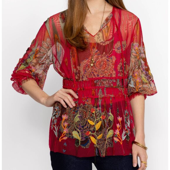 Johnny Was Feather Lark Mesh Blouse with slip, size L - Picture 3 of 7